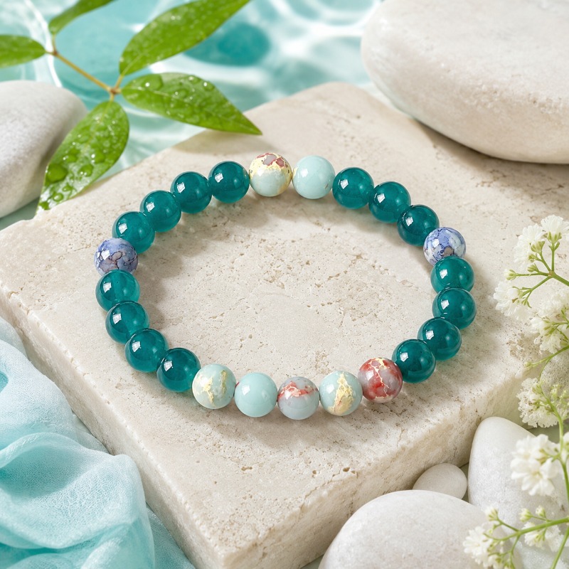 Green Chalcedony Mixed Color Bead Bracelet, Unisex Gift